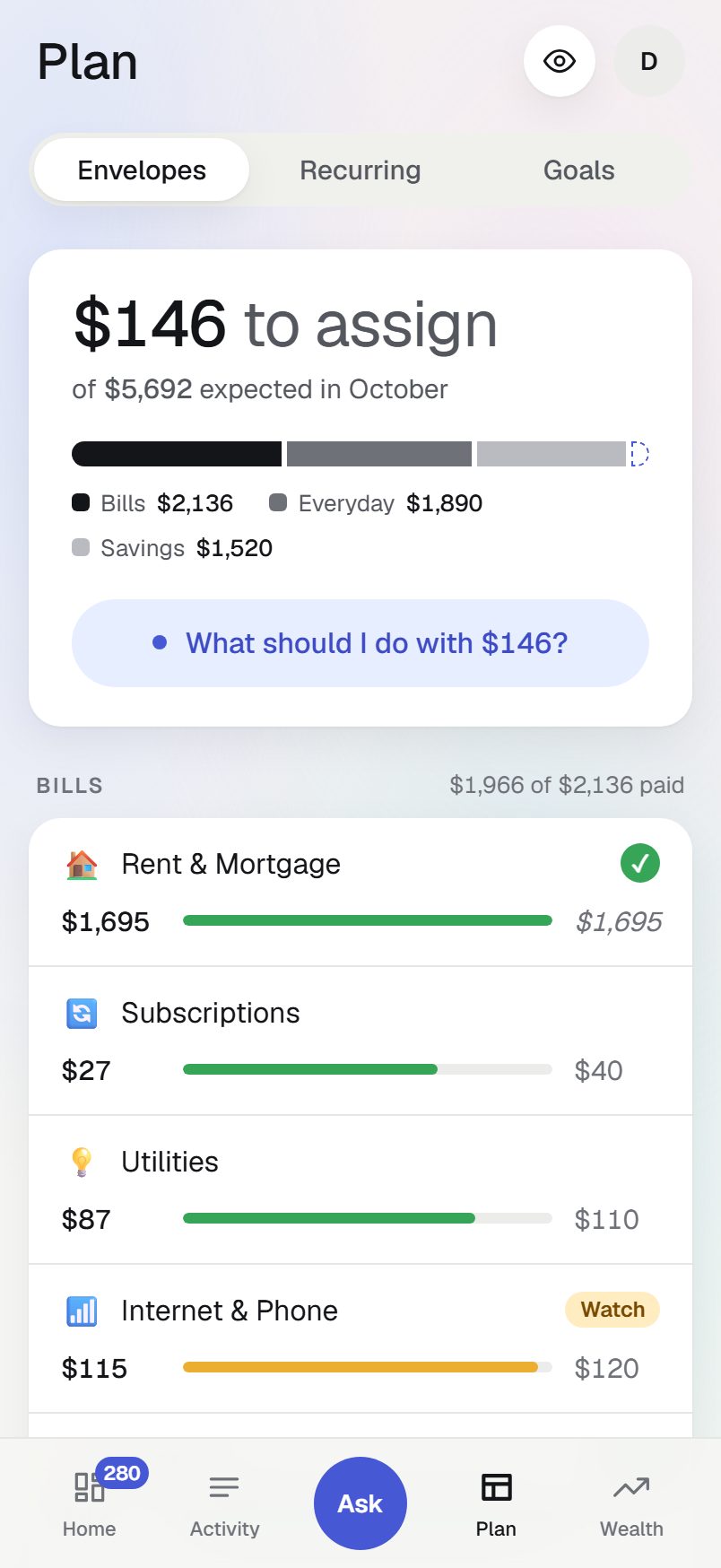 Biscuit's Plan screen: $146 to assign, split into bills, everyday spending and savings, with each bill's progress.